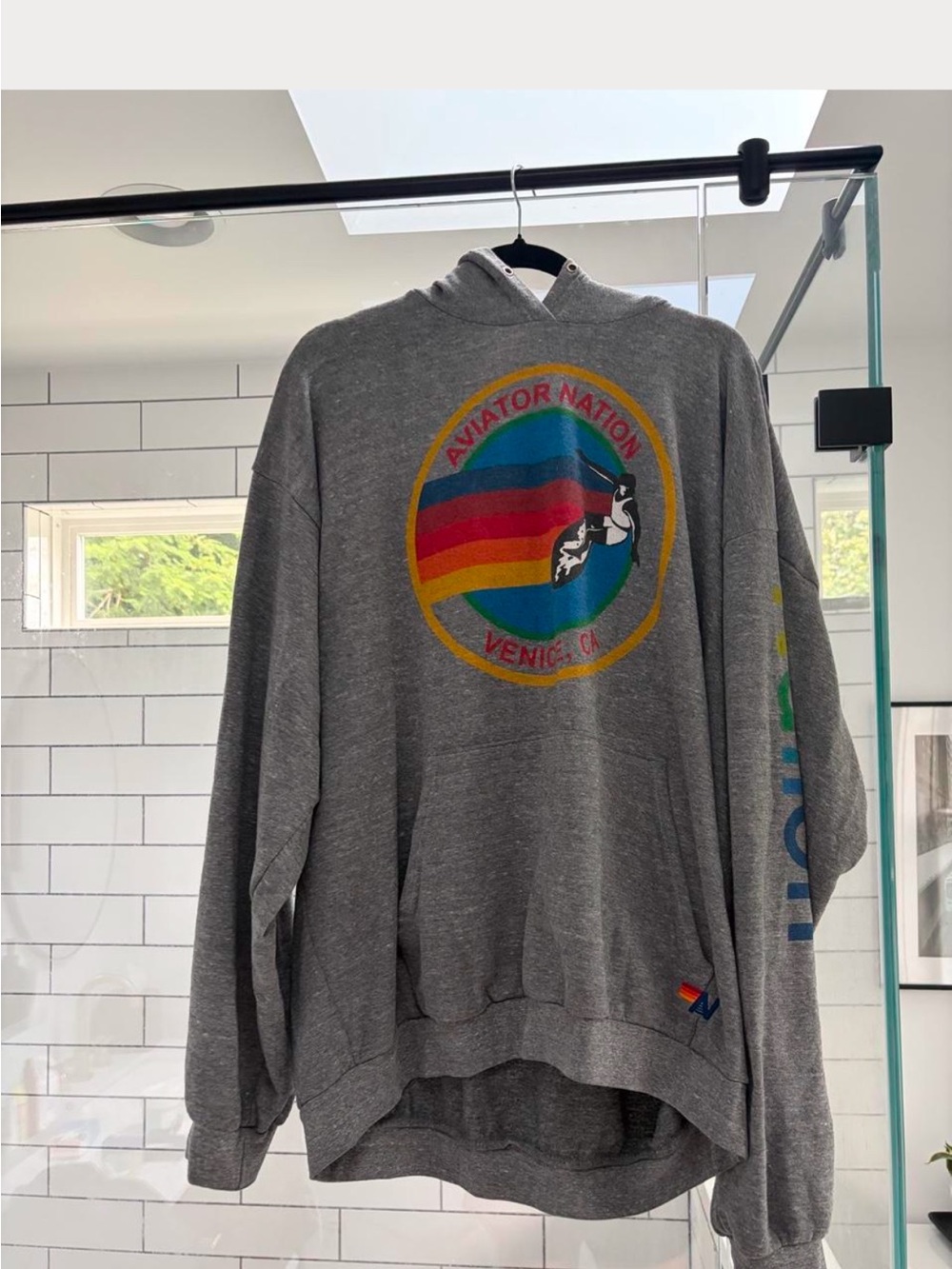 Aviator Nation Gray Hoodie with Rainbow Retro Crest